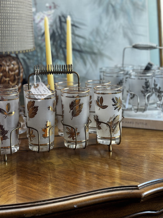 Libbey Gold Foliage frosted tumblers with caddy