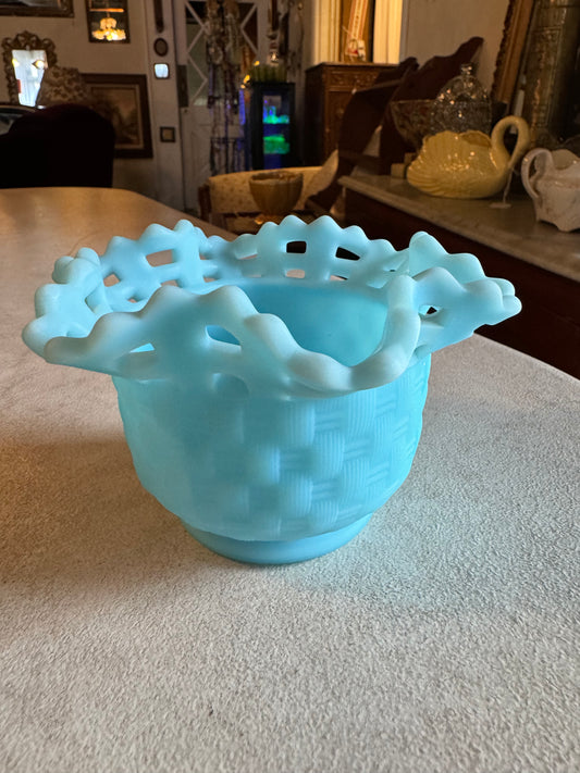 Fenton blue satin basket weave glass dish