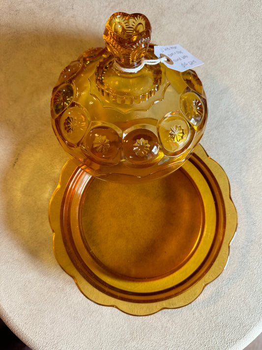 LE Smith Amber moon & stars round butter dish